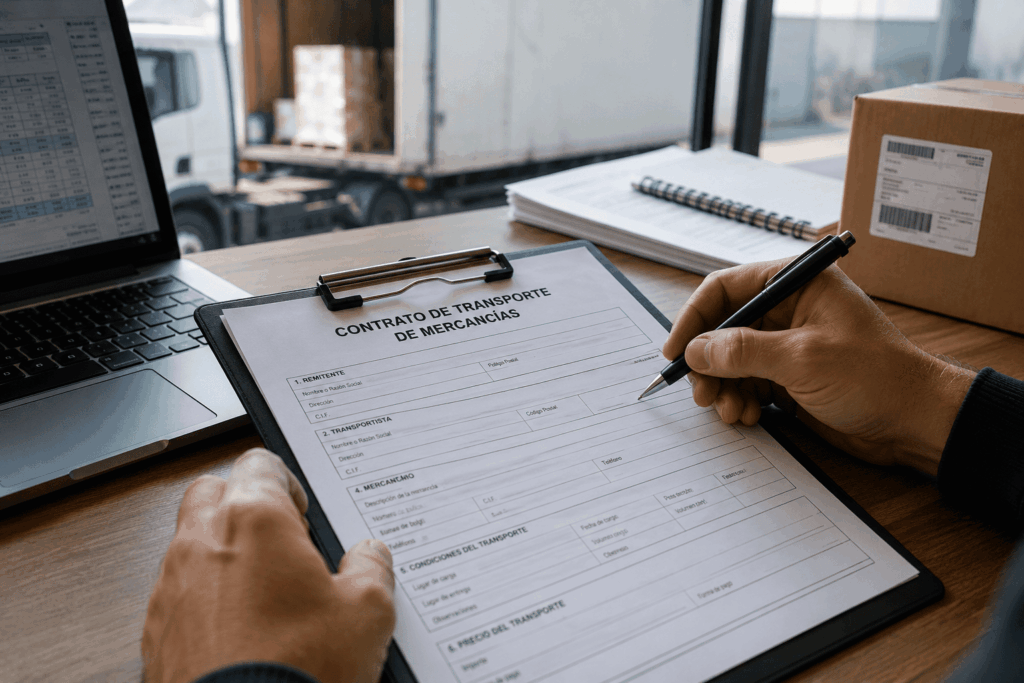 Contrato de transporte de mercancías: profesional gestionando la documentación del envío y las condiciones del transporte de carga por carretera.