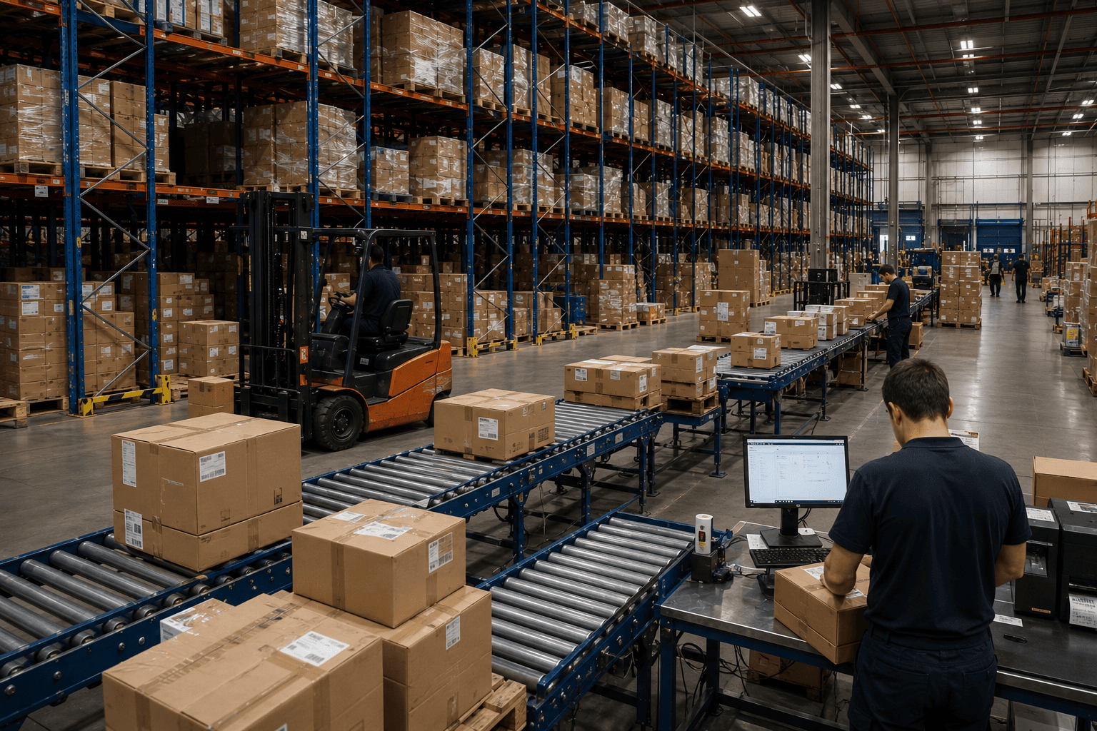 Almacén logístico gestionando picos de demanda con procesos de preparación de pedidos, control de inventario y distribución eficiente para evitar colapsos operativos.