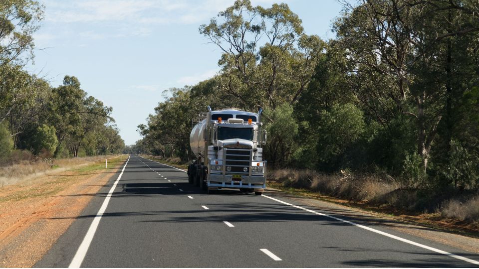 Camión de transporte de mercancías circulando por una carretera rodeada de árboles.
